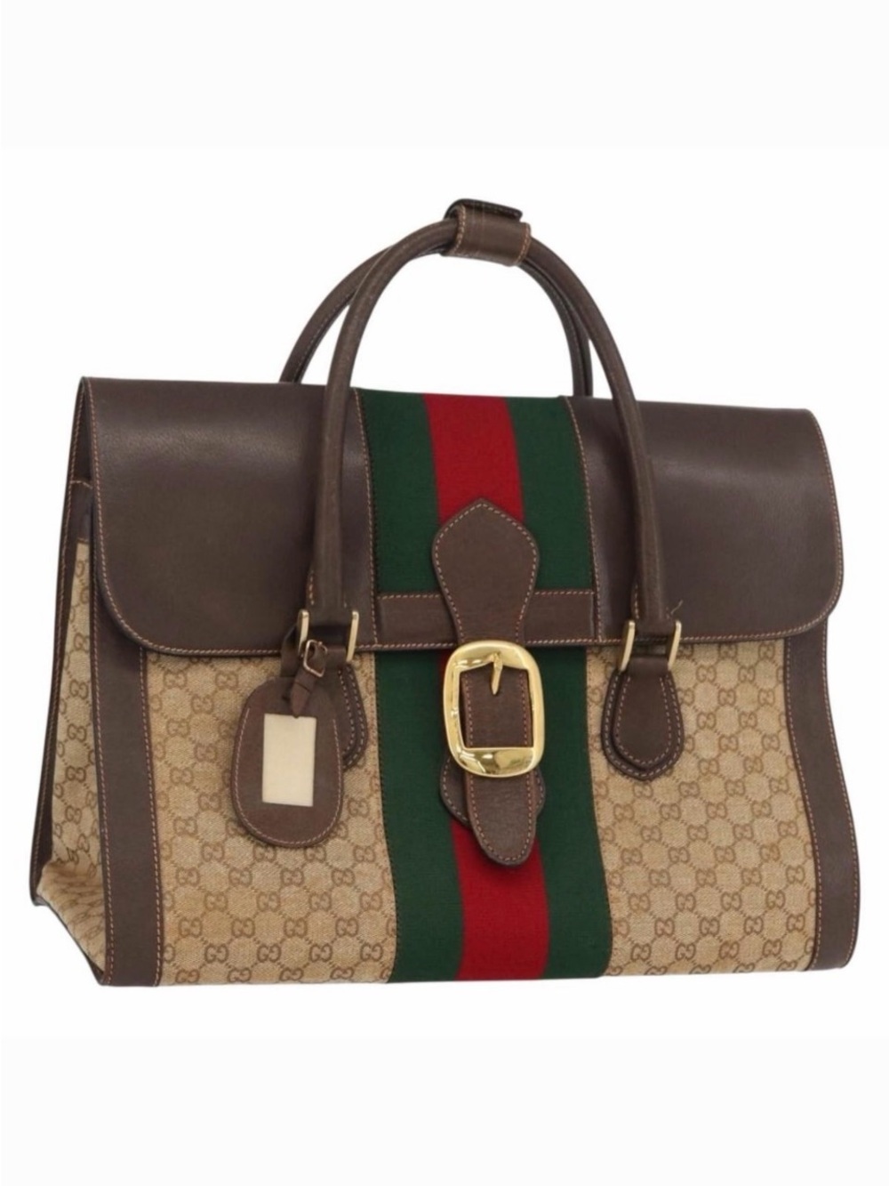 Gucci Brown Monogram Satchel with Red & Green Web and Gold Buckle